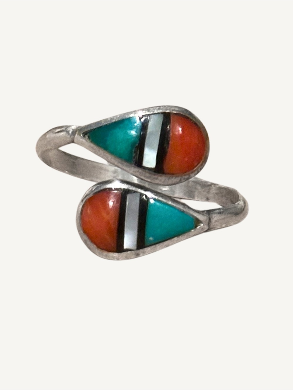 Signed Zuni Sterling Turquoise Coral MOP Onyx Size 6.5 Vintage Bypass Ring - Picture 8 of 10